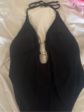 Black Halter One-Piece Top with Gold Accent